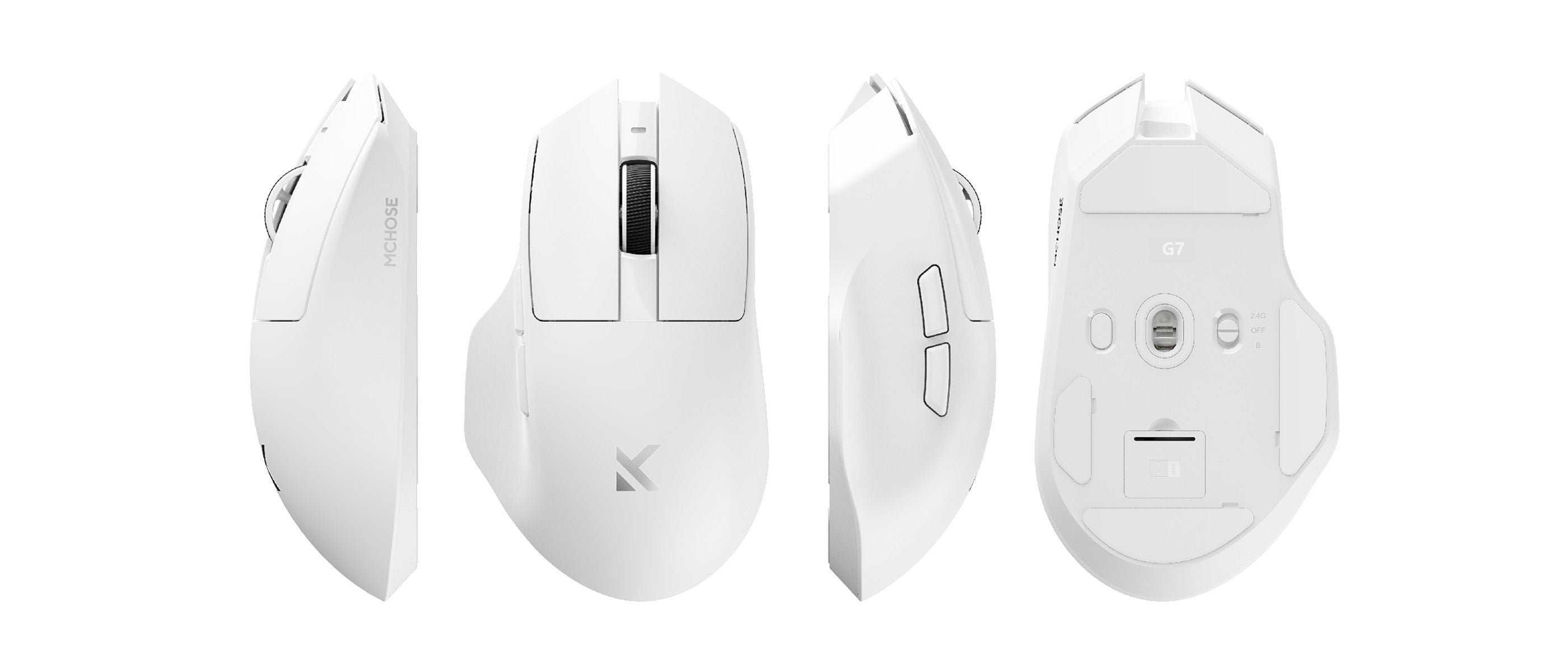 White Mchose G7 gaming mouse from different angles on a white background. Tri-mode, Wireless,High Dpi features. Sold By Nmpc India