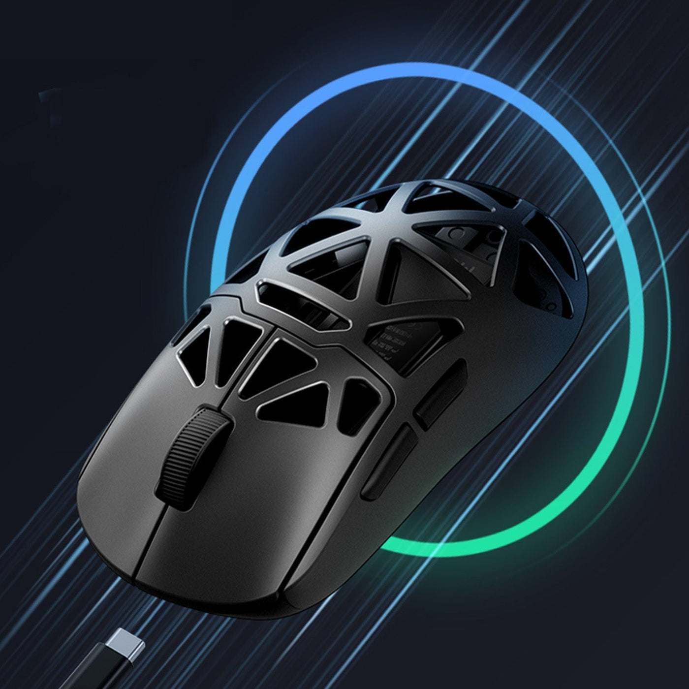 Black gaming mouse with geometric design on a dark background with blue and green light effects. Mchose Ax5 Pro wireless gaming mobile. Best in India. Sold By Nmpc India. Official Partner of Mchose